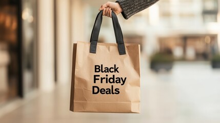 A person is holding a brown bag with the words Black Friday Deals written on it. The bag is being held in front of a building, possibly a shopping mall