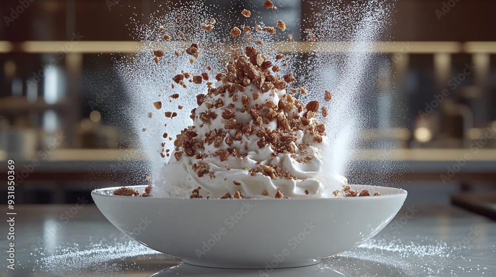 Poster an elegant presentation of a modern ice cream dessert with a unique flavor combination, beautifully 