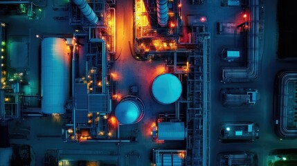 Fototapeta premium op-down shot of a sprawling power plant complex at sunrise, vibrant colors highlighting industrial architecture and clean energy production