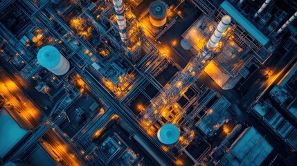 op-down shot of a sprawling power plant complex at sunrise, vibrant colors highlighting industrial architecture and clean energy production