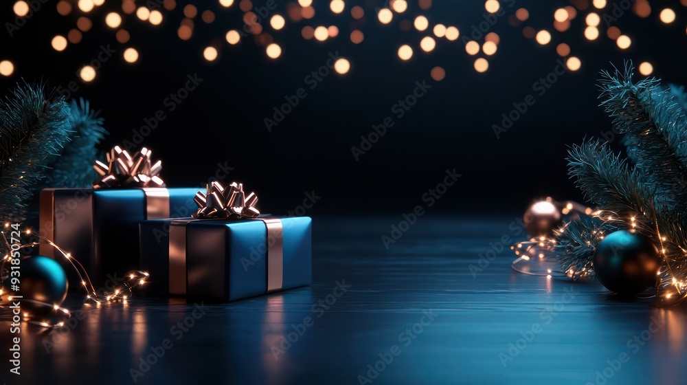 Poster a blue box with a gold bow sits on a wooden floor next to a christmas tree. the box is decorated wit