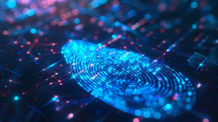 A digital fingerprint glows brightly in blue on a dark background, with red highlights radiating outward.