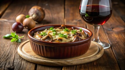 Cazuela de champi&ntilde;ones gratinados acompa&ntilde;ada de una copa de vino tinto, ideal para una cena reconfortante.