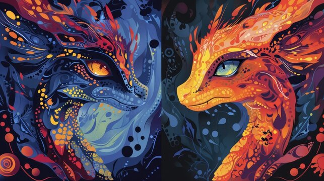 Two dragons, one blue and one red, with intricate details and contrasting colors, face each other in a captivating close-up.
