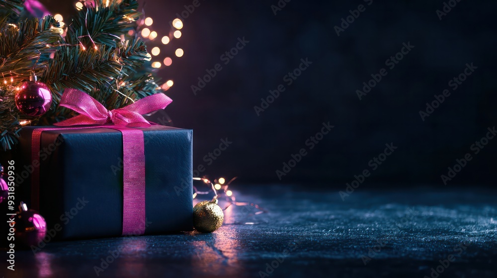 Poster A black box with a pink ribbon sits on a dark background. The box is decorated with a string of lights and a few other decorations. Scene is festive and joyful, as it is a Christmas gift
