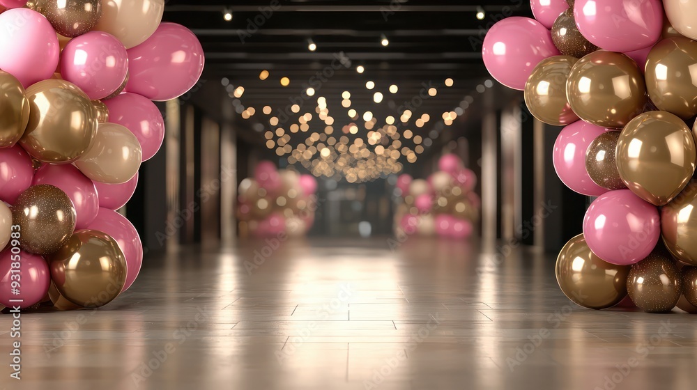 Aufkleber a long hallway with pink and gold balloons. the balloons are arranged in a way that creates a sense 