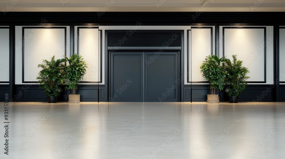 Poster a large room with a black door and two potted plants. the room is empty and has a very clean and mod