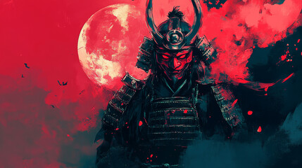 Artwork illustration of a Japanese samurai warrior wearing a red mask, possessed by an Oni demon.