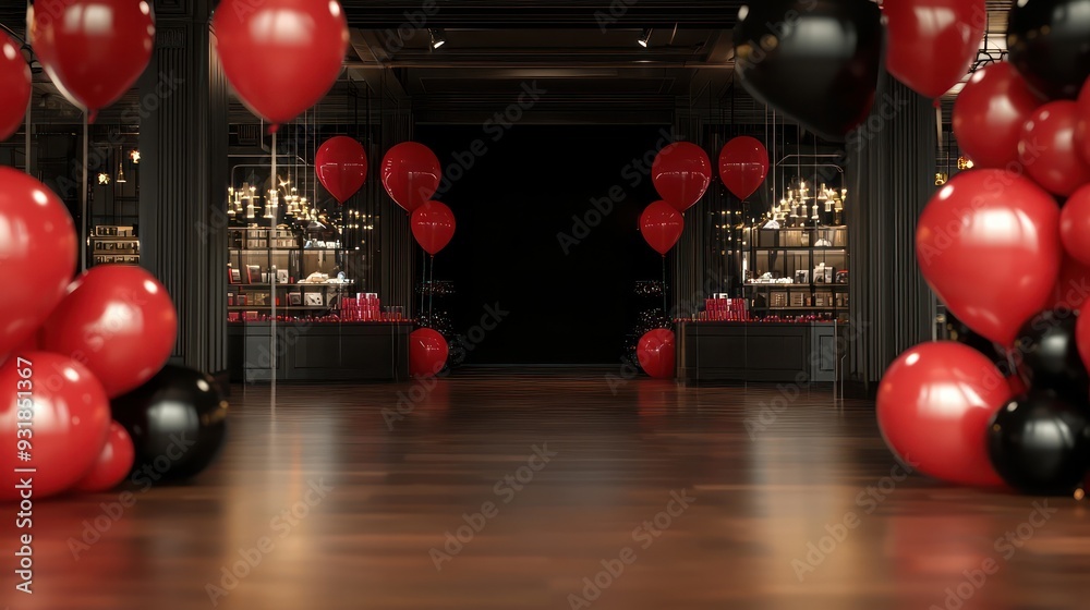 Poster a room with red and black balloons and a black and white background. the balloons are arranged in a 