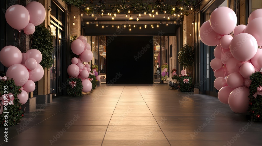 Aufkleber a long hallway with pink balloons and a black background. the balloons are arranged in a way that cr