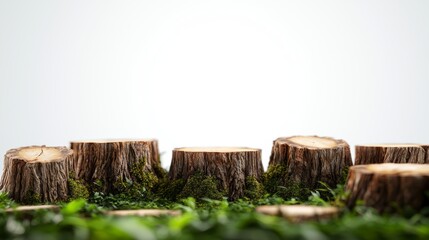 Obraz premium A collection of tree stumps with detailed bark and moss textures, 3D illustration, isolated on white background