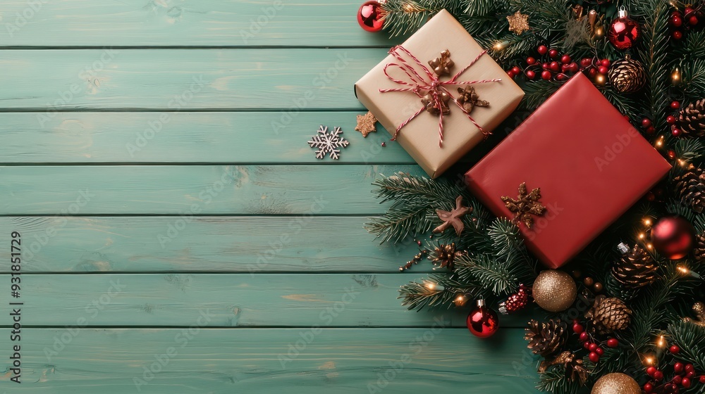 Poster A Christmas tree with two red boxes on top of it. The boxes are wrapped in red ribbon and are decorated with gold and silver. The tree is surrounded by many red and gold ornaments, including a star