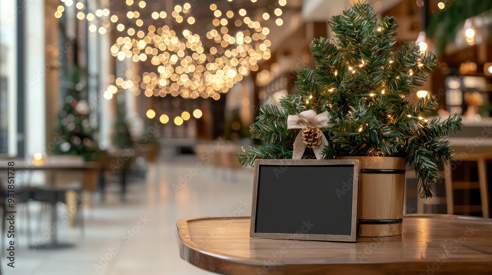 Poster a small christmas tree is sitting on a table in a restaurant. the tree is surrounded by lights and a