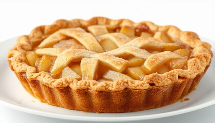 Primer plano de un pastel de manzana con enrejado, mostrando su corteza dorada y relleno jugoso, ideal para una merienda dulce.