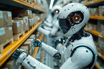 Fototapeta premium Humanoid robots sorting in a smart warehouse