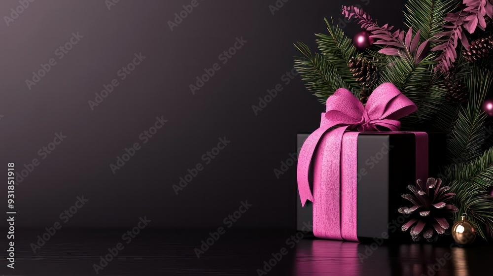 Poster a black box with a pink ribbon sits on a dark background. the box is decorated with pine cones and a