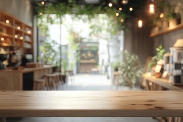 Obraz premium Empty wooden table with coffee shop background