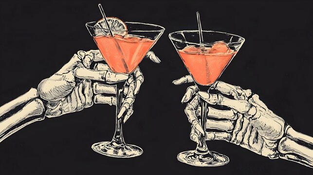 Skeletal Hands Toasting Cocktails in Moody Nightlife