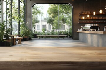 Fototapeta premium Empty wooden table with coffee shop background