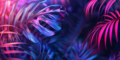 Fototapeta premium Tropical palm leaves in vibrant neon gradient