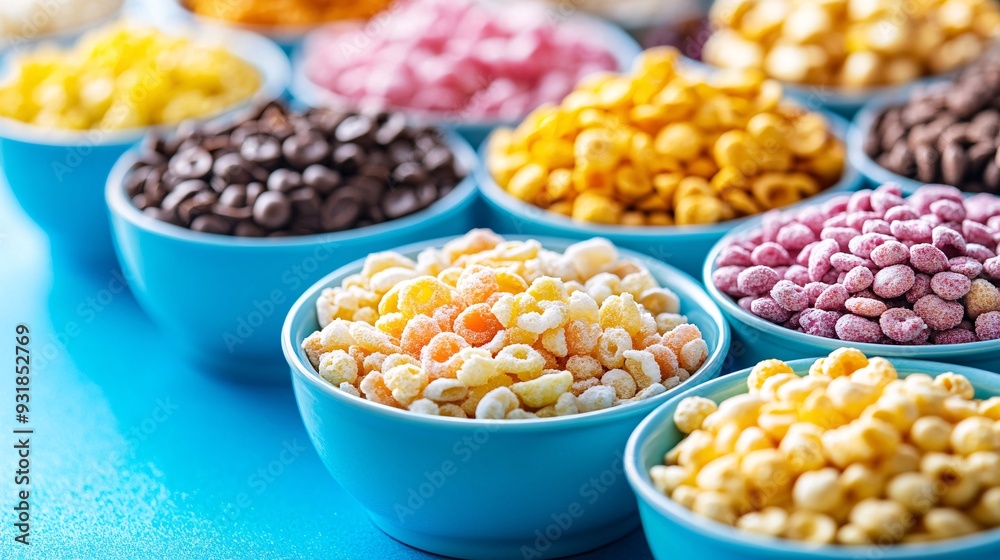Poster an artistic arrangement of different types of sugary cereals in separate bowls, showcasing vibrant c