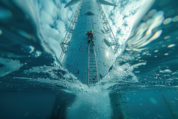 Technician climbs offshore wind turbine from water
