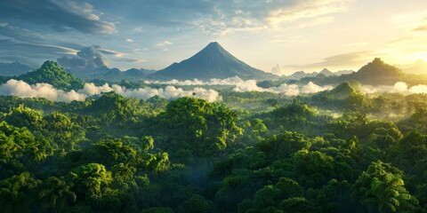 Fototapeta premium A prehistoric landscape with a lush jungle, towering trees, and distant volcanoes, all set against a backdrop of thick clouds and smoke, giving a sense of ancient, untamed nature