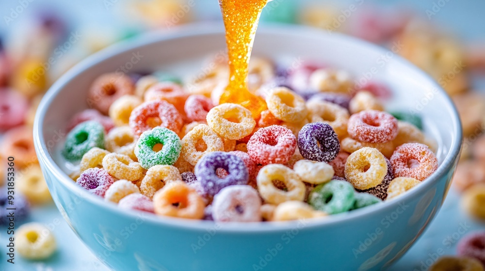 Poster a close-up of a cereal box being poured into a bowl of sugary cereals, with dynamic movement and vib