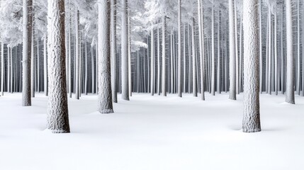 A large group of trees in a snowy forest with snow on the ground, AI