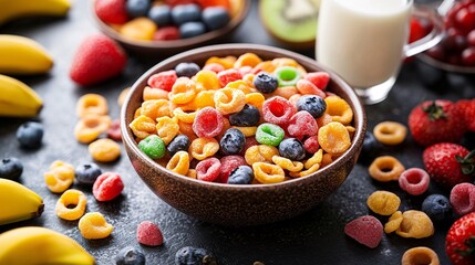 A clean and modern shot of a breakfast scene with a bowl of colorful sugary cereals, a fresh fruit...