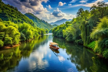 Naklejka premium Serene River Journey: Tranquil waters, serene ambiance, lush greenery, peaceful exploration