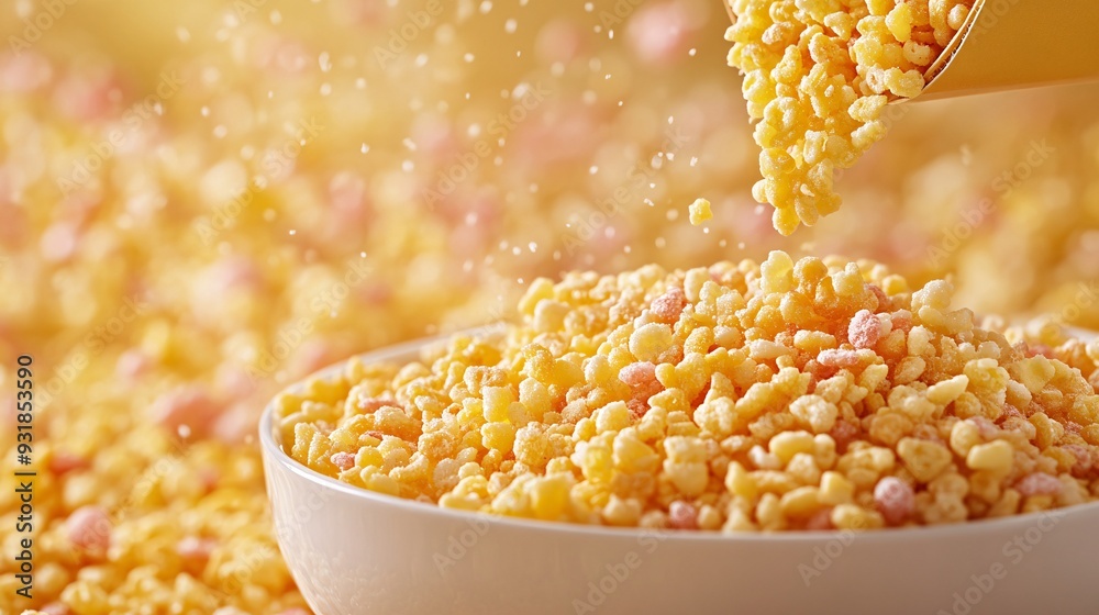 Poster a close-up of a cereal box being poured into a bowl of sugary cereals, with dynamic movement and vib