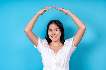 Women are doing various poses on a blue background.