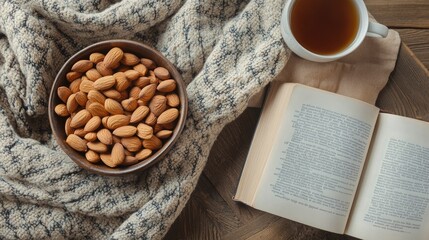 A bowl of almonds on a coffee table, with a book and a cup of tea beside