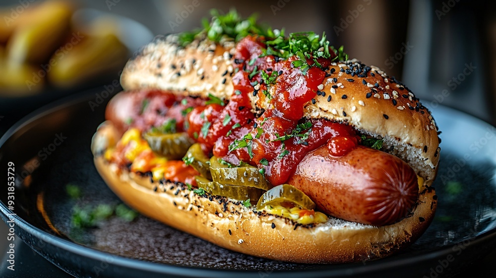 Poster an elegant shot of a hot dog with a high-quality sausage crispy bun and upscale condiments like arti