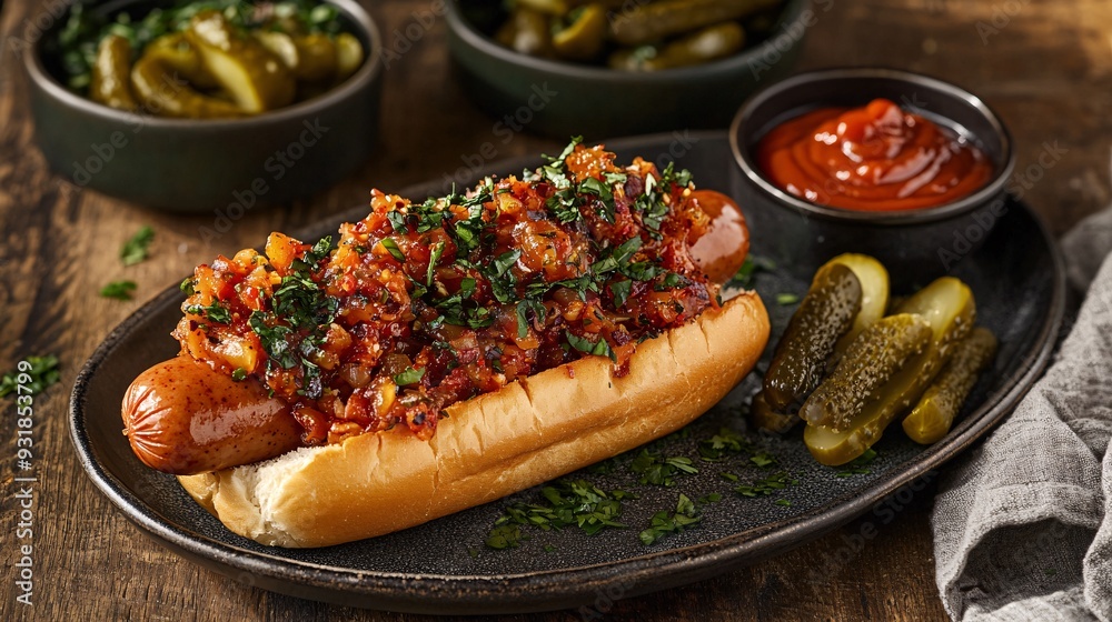 Poster an elegant shot of a hot dog with a high-quality sausage crispy bun and upscale condiments like arti