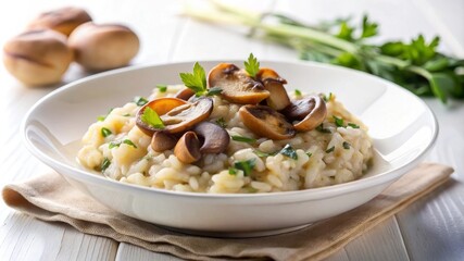Risotto de champiñones servido en un plato blanco, decorado con hojas de perejil. Un plato clásico y sabroso, ideal para disfrutar en una comida especial en casa o en un restaurante.