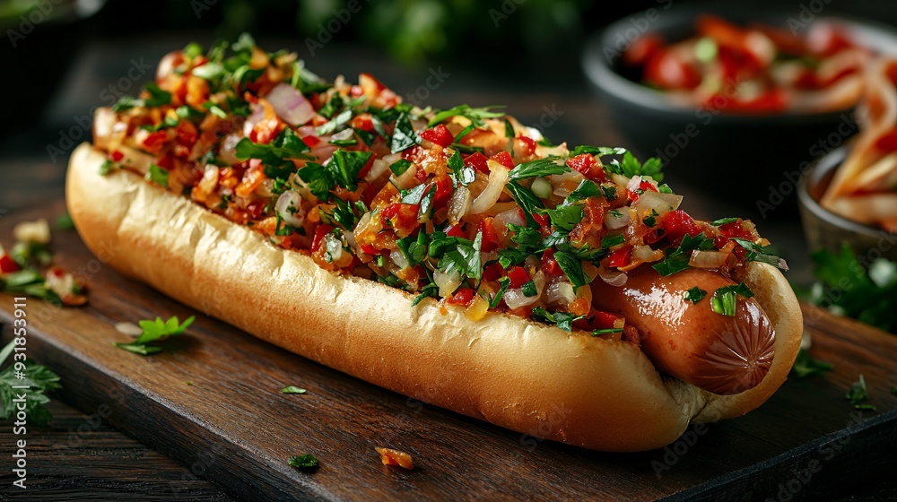 Poster a sophisticated image of a hot dog on a sleek cutting board with garnishes such as finely chopped on