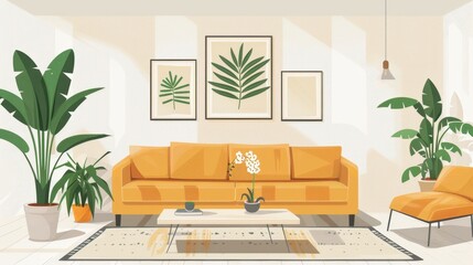 Fototapeta premium The living room showcases an orange sofa, houseplants, and minimal decor, creating a tranquil atmosphere filled with natural light