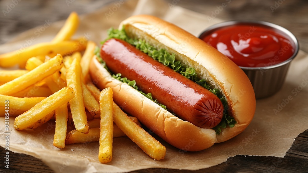 Poster an upscale shot of a hot dog served with a side of artisan fries and a dipping sauce highlighting th