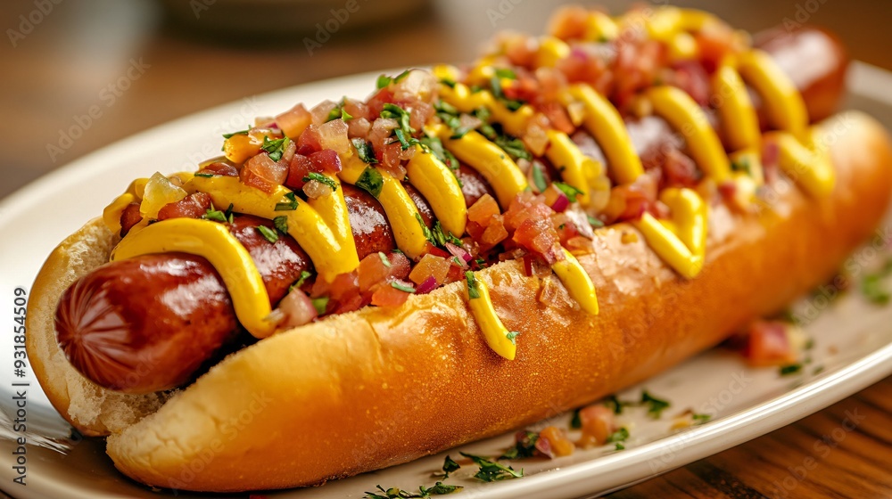 Poster a clean and stylish presentation of a hot dog with a rich flavorful sausage and an elegant bun toppe