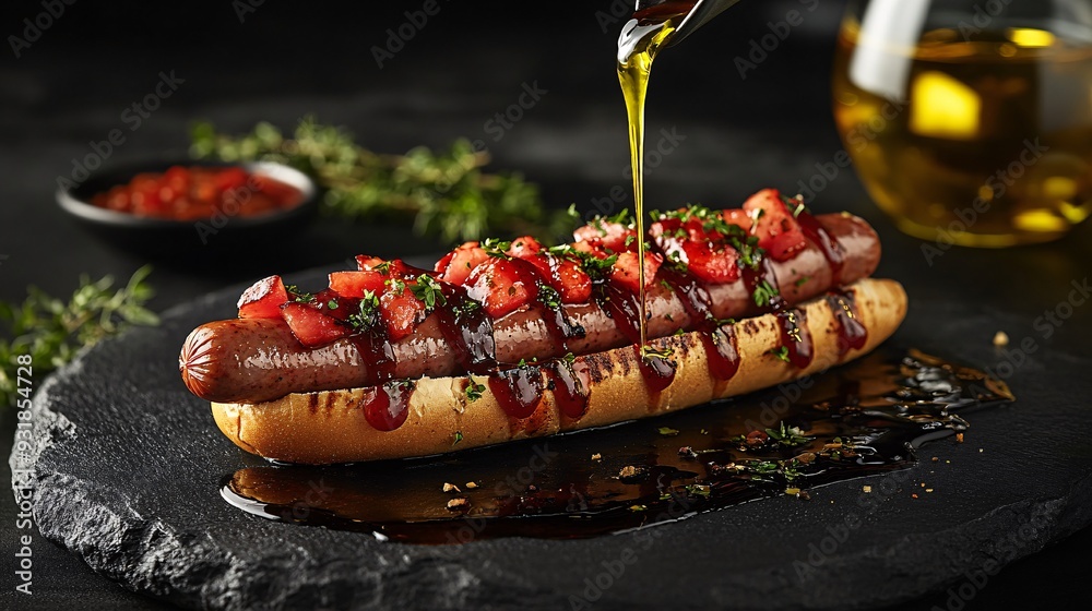 Poster a high-end photo of a hot dog with a focus on the texture and quality of the sausage accompanied by 