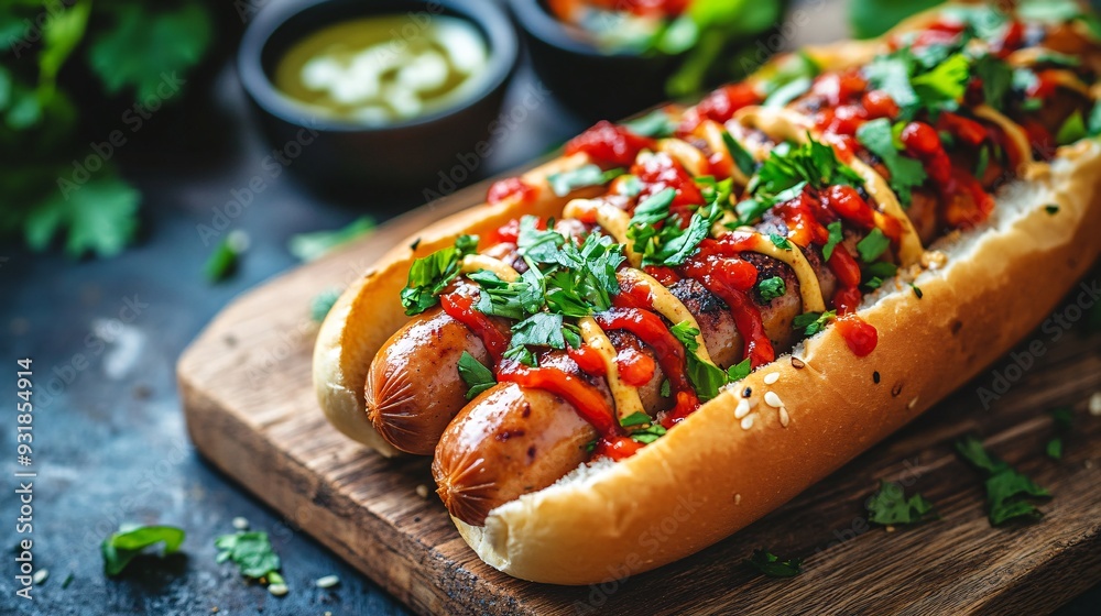 Poster a high-end photo of a hot dog with a focus on the texture and quality of the sausage accompanied by 