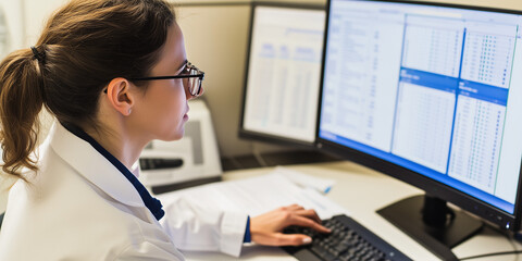 A female doctor examining health data on a computer monitor, hospital staff background; medical profession - natural light, daytime, A medical professional in a lab coat, glasses, looking carefully 