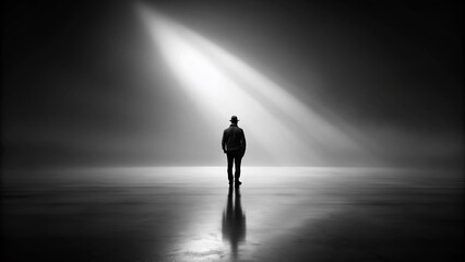 Obraz premium Solitude and Despair: Black and White, Minimalistic, Single Figure, Emotive Lighting, Atmospheric