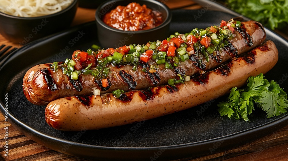 Poster an elegant image of a hot dog with a juicy sausage and upscale toppings styled on a sleek black plat