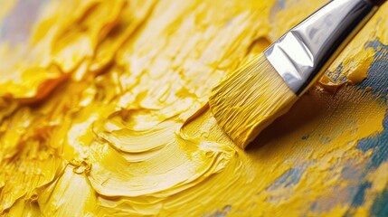 A close-up of yellow paint being spread on a canvas with a brush, capturing the artist's strokes