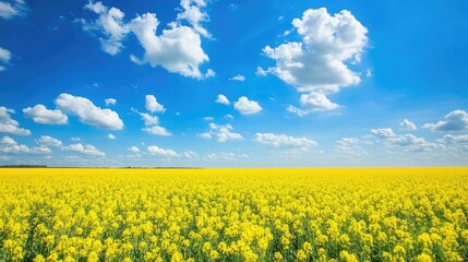 Obraz premium A field of blooming yellow canola flowers under a bright blue sky, stretching to the horizon