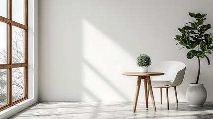 A minimalist living room with a white chair and wooden table set in front of a large window.