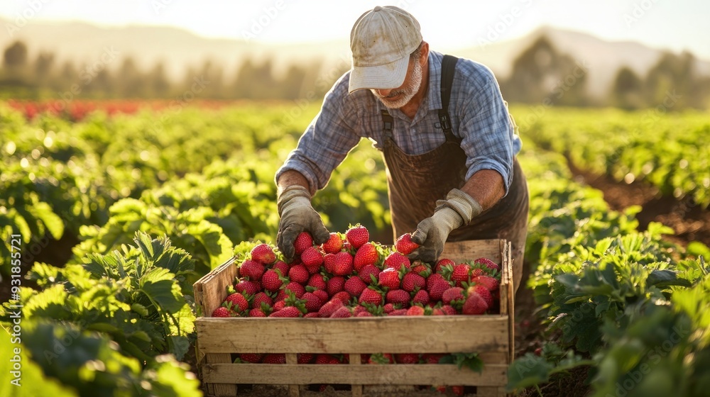 Wall mural Farmer Harvesting Ripe Strawberries